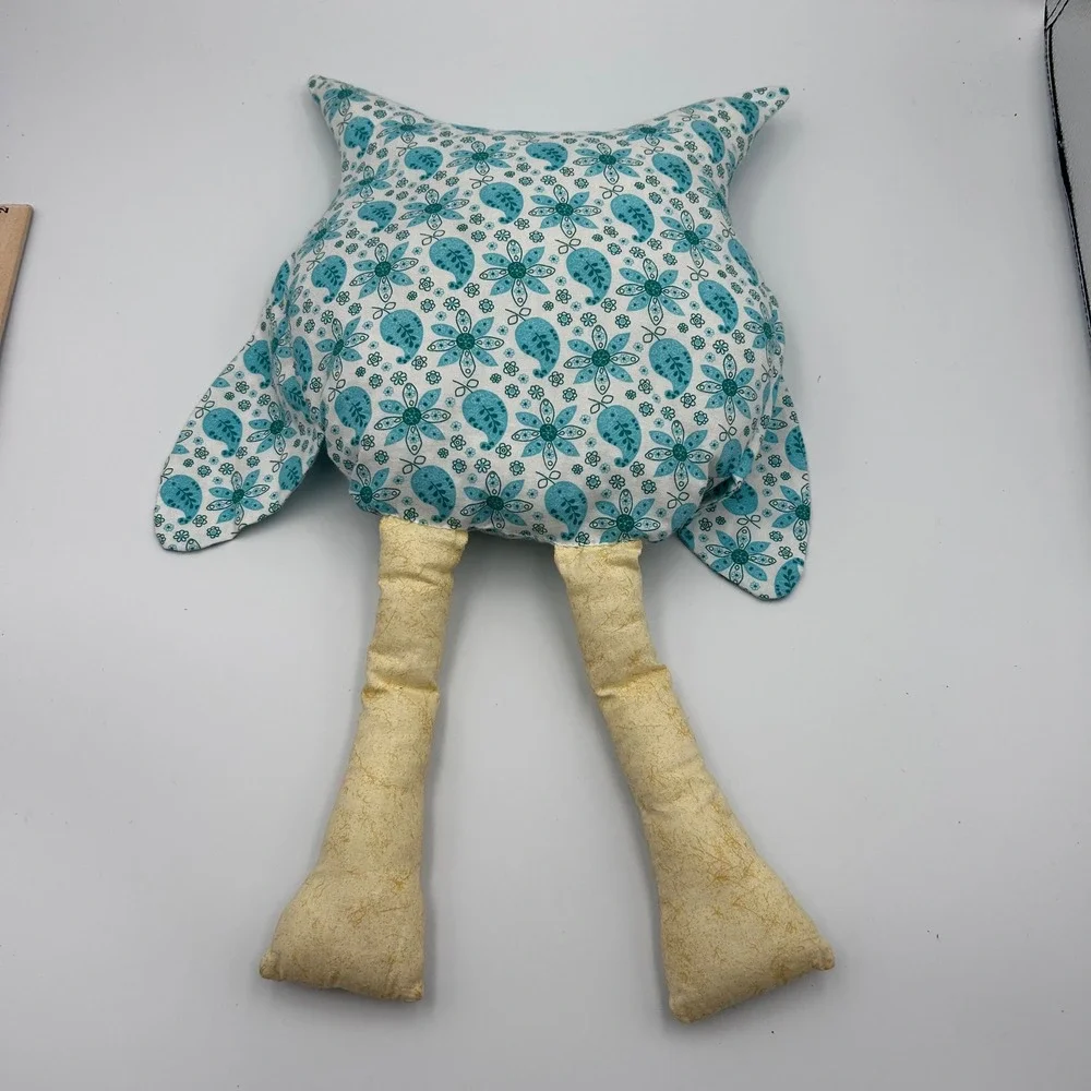 Handmade Plush Owl Pillow Floral Paisley Blue White Long Legs Decorative Stuffed
